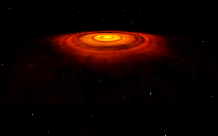 An artist's conception of an oblique view of the protoplantary disk HL Tauri, using imagery originally gathered by the European Southern Observatory.