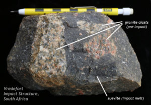 A photograph of a sample of rock from the Vredefort Impact Structure in South Africa. Several large clasts of granite "float" in a fine-grained gray matrix, labeled as "suevite" (impact melt ~glass). The sample shown is about 12 cm by 5 cm in size.