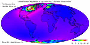 Glacial Isostatic Adjustment as equivalent H2O thickeness variation rate. In other words, gravitational anomalies (changes) as a result of tectonic rebound from the last glacial advance of the Pleistocene. Note the high levels of adjustment over areas of northern North America, Europe, and also Antarctica. Gravitation, as measured by NASA's GRACE mission, is balanced against the gradual recovery of ocean basins as they slowly spring upward, causing relative sea level around these noted areas to drop. Gravitational anomalies are due to mass loss, which can be mantle material moving to accommodate areas of the crust that are rebounding. Rates of mass change have been estimated to be as high as 104 gigatons under Greenland (Wu et al., 2010).