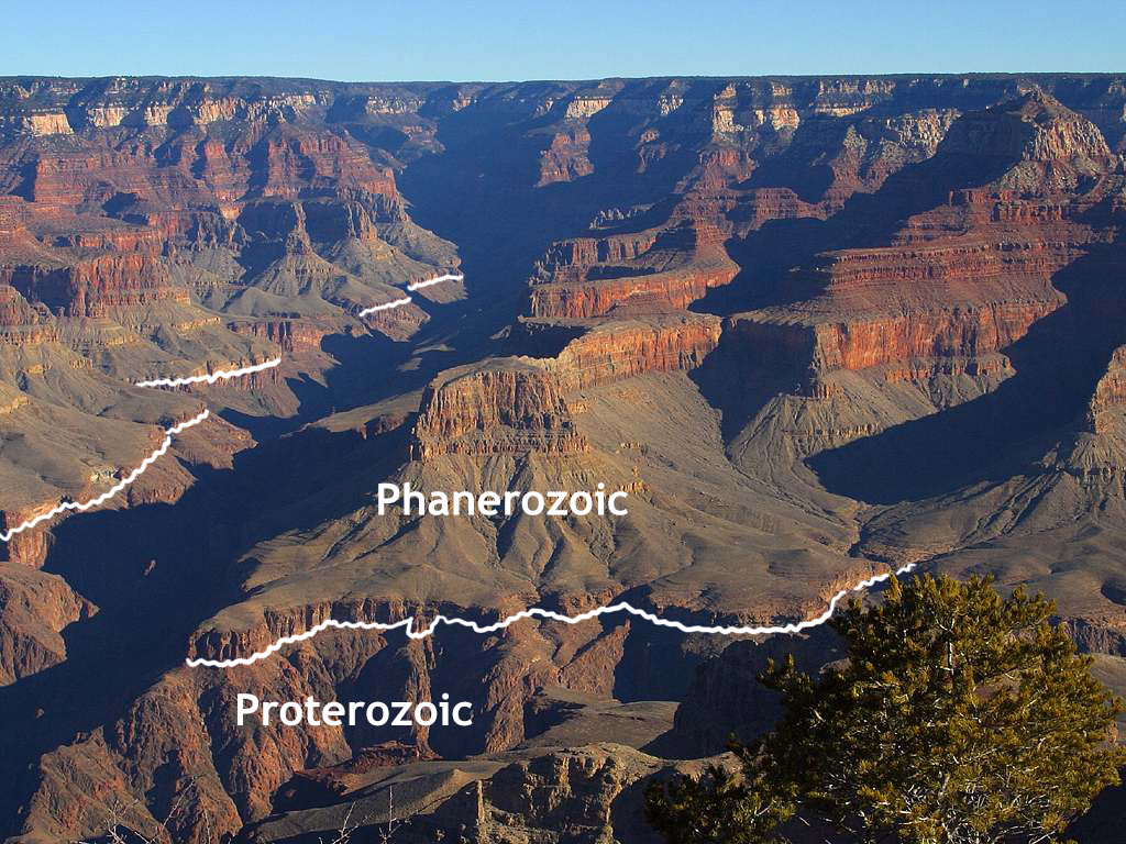 A nonconformity representing the erosional surface between 1.75 Ga Proterozoic age rock at the base of the Grand Canyon and ~545 Ma Phanerozoic age rock. Over 1 billion years separate the basement rock from the first overlying layer. The view is centered on Sumner Butte, at southeast terminus of Bright Angel Canyon, intersecting with Granite Gorge. The original uploader was Szumyk at Polish Wikipedia. - http://pdphoto.org/PictureDetail.php?mat=pdef&pg=5506, Public Domain, https://commons.wikimedia.org/w/index.php?curid=5883465. Annotated by Callan Bentley.