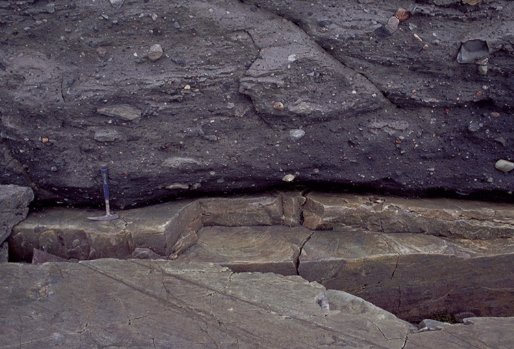 Photograph of a striated glacial pavement in Norway, with overlying tillite.