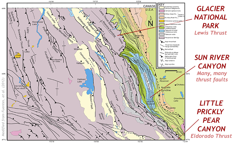 A geologic map of northwestern Montana, from the Canadian border south along the Rocky Mountain front. At Glacier National Park, Belt rock is thrust atop Cretaceous siliciclastic strata along the Lewis Thrust. South of that location, at Sun River Canyon, west of Augusta, Mississippian carbonates are thrust atop Cretaceous siliciclastics along dozens and dozens of smaller thrust faults. Further south still, at Little Prickly Pear Canyon, another eastward salient of Belt rock is thrust atop Cretaceous siliciclastics along the Eldorado Thrust.