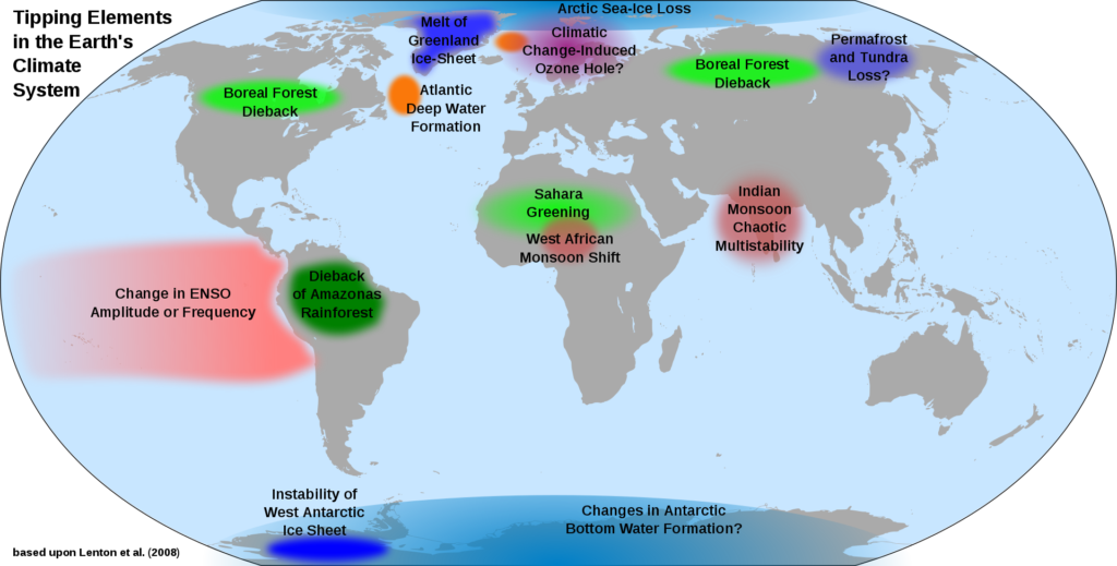 Global climate tipping points. While these are certainly based upon today's environment, many of these would have also been tipping points at various times in Earth's past (Wikipedia Commons).