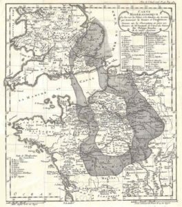 Black and white historical map by Jean-Étienne Guettard and Philippe Buache, published in1746, showing a donut-shaped ring of chalk surrounding Paris and stretching across the English Channel into southern England (the White Cliffs of Dover, etc.)