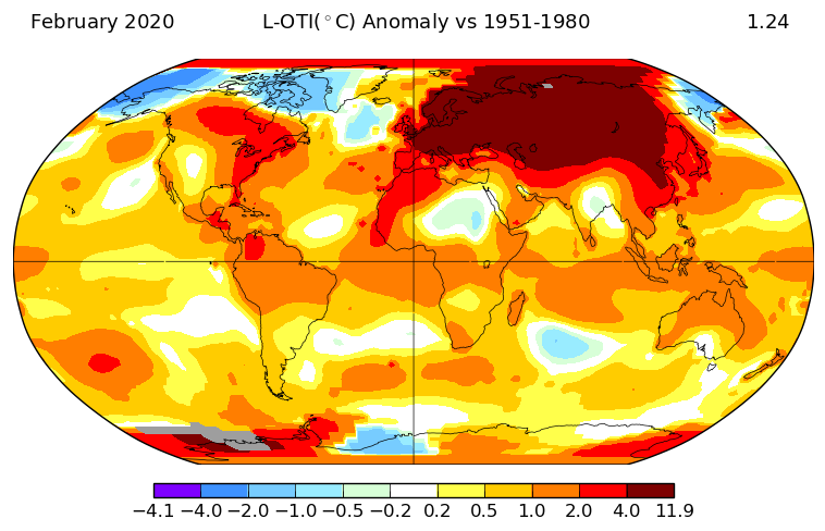 GISSTEMP surface temperature anomaly analysis for January 2020. Average January 2020 temperatures for various surface temperatures around the globe are measured against a baseline average taken from records spanning 1951-1980. The map shows anomalies, or departures, from the average for this thirty year period. Which areas experienced a particularly warm winter? (Source: NASA GISSTEMP)