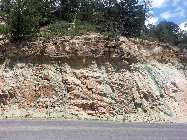 Photograph showing horizontal sandstone overlying granite gneiss with vertical foliation, Gallinas Canyon, New Mexico.