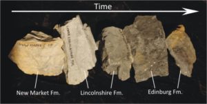 Ein Foto, das eine Sequenz von 5 Gesteinseinheiten zeigt, die im Laufe der Zeit dunkler werden. Die ältesten links sind ein sauberes Hellgrau. Die jüngsten rechts sind dunkelgrau.