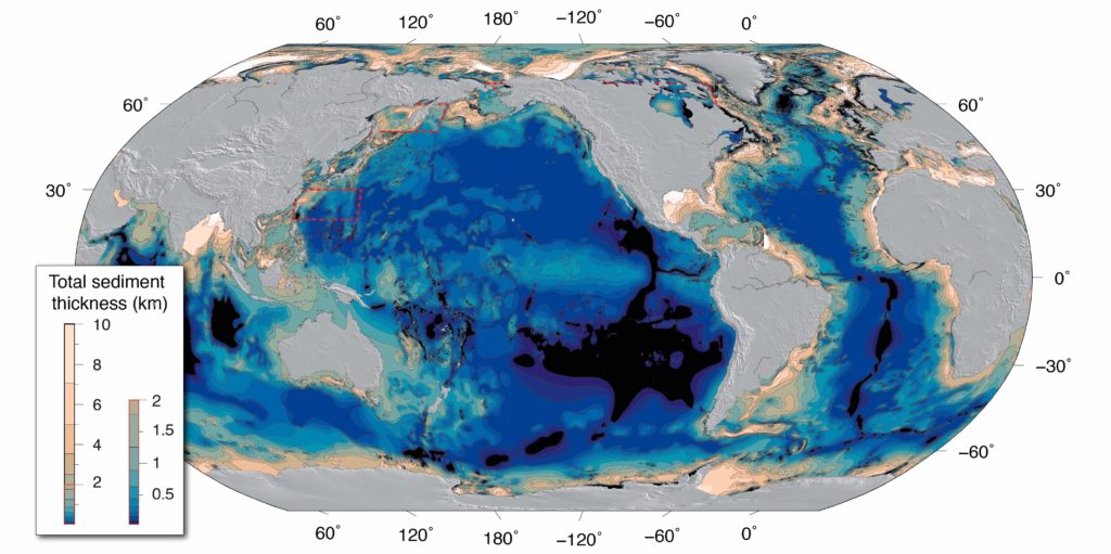 Total sediment thickness in the world's ocean basins, NOAA (Straume, E.O., Gaina, C., Medvedev, S., Hochmuth, K., Gohl, K., Whittaker, J. M., et al. (2019). GlobSed: Updated total sediment thickness in the world's oceans. Geochemistry, Geophysics, Geosystems, 20. DOI: 10.1029/2018GC008115)