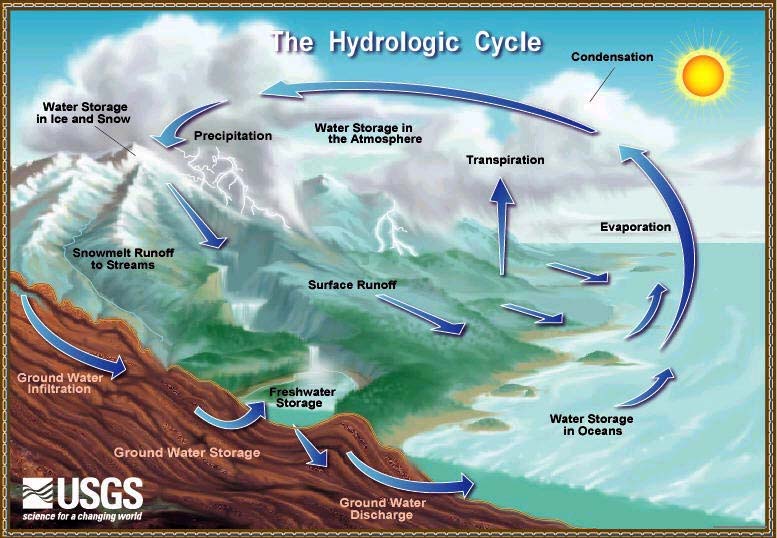 The hydrologic cycle is depicted, showing the movement of water through that system.