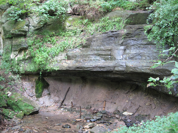 Photograph showing horizontal sandstone layers overlying weathered granite in Wisconsin.