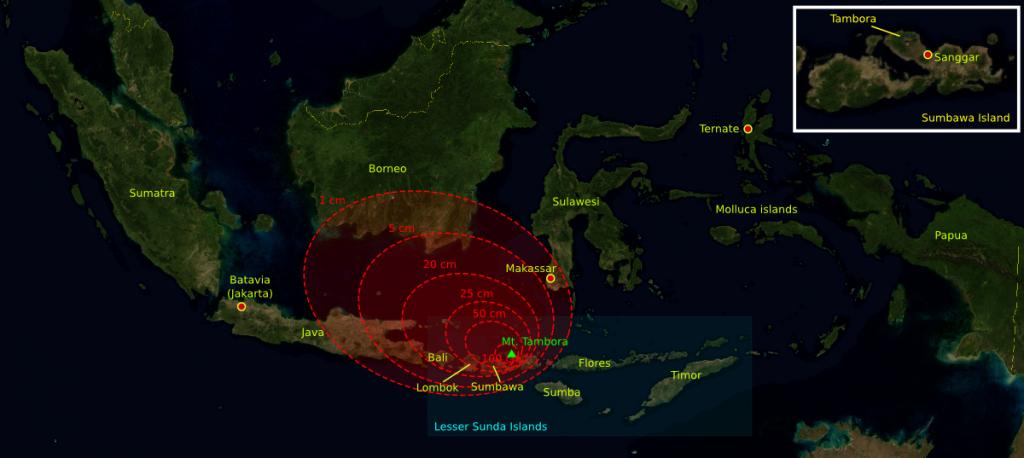 Projected ashfall resulting from the 1815 eruption of Mt. Tambora. While localized here, it was enough to force significant cooling over large parts of the globe for that year and into the next, leading to the "Year without a summer" (Source: Wikimedia - The base map was taken from NASA picture Image:Indonesia_BMNG.png and the isopach maps were traced from Oppenheimer (2003).[1], CC BY-SA 3.0, https://commons.wikimedia.org/w/index.php?curid=1266774).