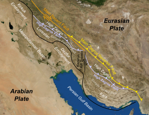 The Zagros Fold and Thrust Belt of Iran, Iraq, and environs. The Persian Gulf and Mesopotamian Basins are the foreland basins for this complex.