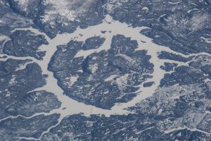 Manicouagan Crater Reservoir, northern Quebec, Canada. Photographed here by ISS Expedition 38 crewmembers, this crater is so visible from space that it is one of the most photographed. It was created during the Triassic Period, 215.5 Ma. (Source: NASA)