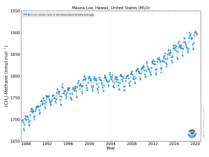 Atmospheric methane concentrations since 1988 (Source: NOAA Global Monitoring Laboratory, May 2020).