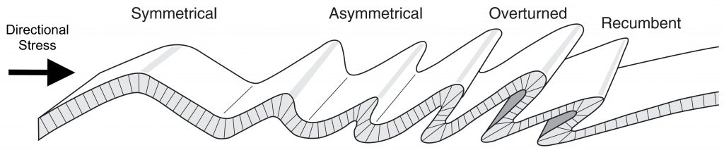 Directionally applied stress will result in folds becoming more asymmetrical as the axial plane dips away from the vertical. Modified after unknown source.