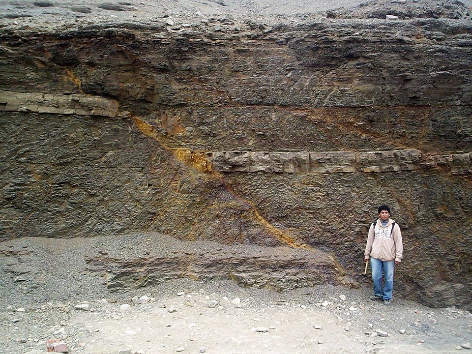 Normal fault from Lima Peru. Notice that the marker bed on the right (the hanging wall block) has moved down along along the fault plane relative to the left (footwall). By: Miguel Vera León on Flickr. CC BY 2.0