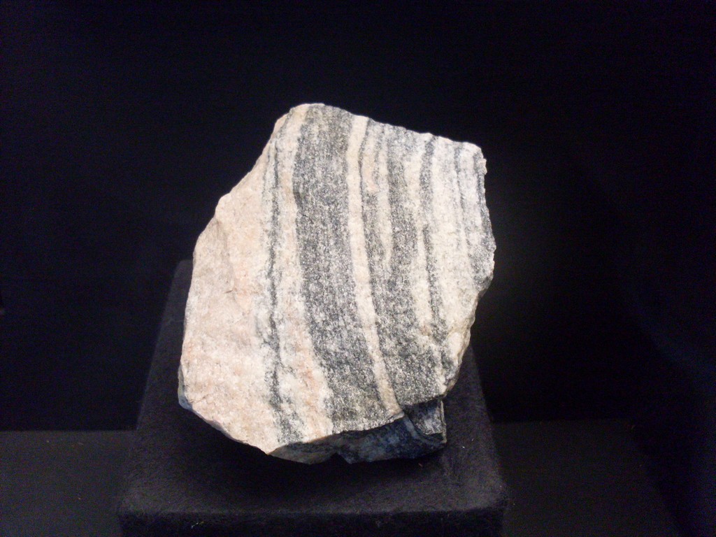 A fragment of the Acasta Gneiss, the oldest known rock on our planet. In exhibition at the Natural History Museum in Vienna. By Pedroalexandrade on Wikimedia. CC BY-SA 3.0