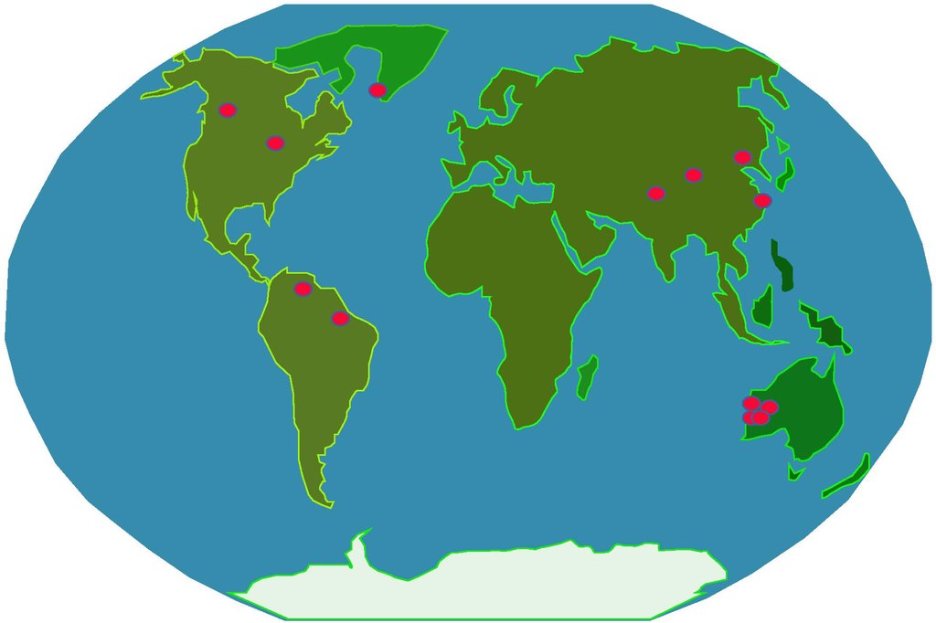 Hadean age zircon discovery locations on a world map. By karaclc on Wikimedia. CC BY 4.0 International