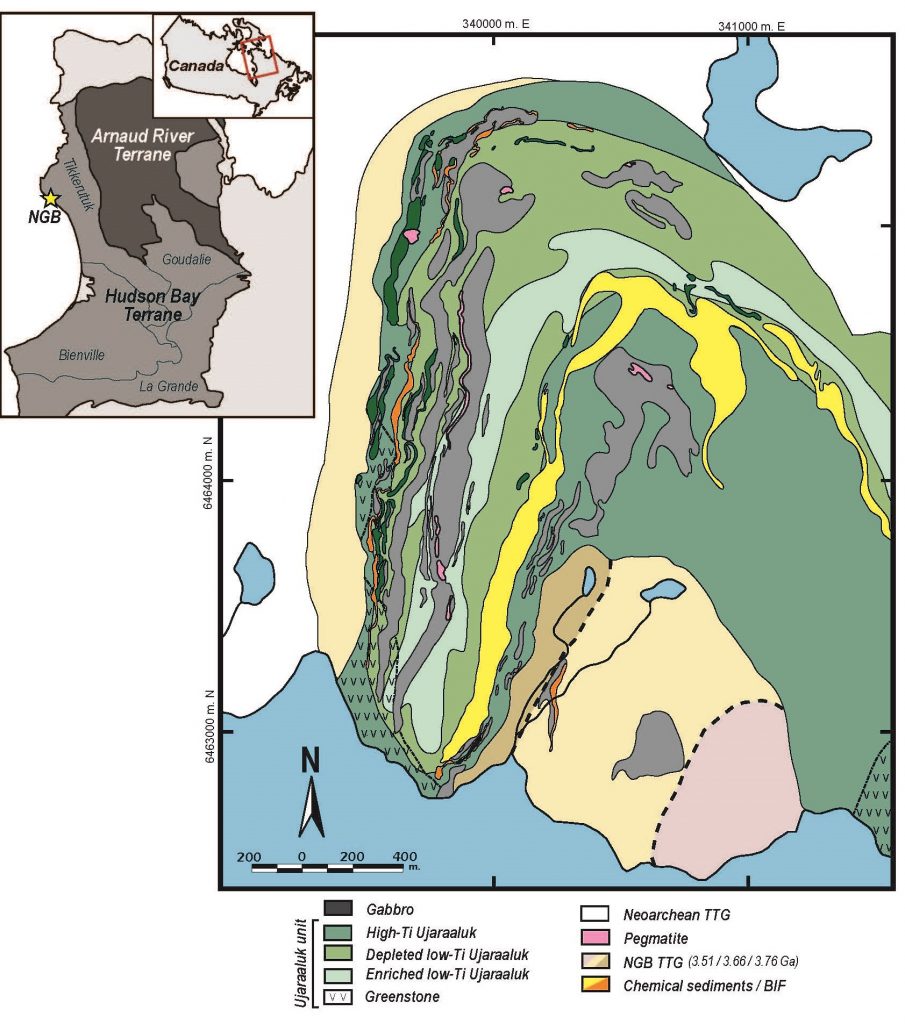 Geologic map of the Nuvvuagittuq Greenstone Belt with permission by Jonathan O'Neil.