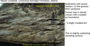 Planar tabular crossbeds, Cretaceous Dunvegan Formation, Alberta. 