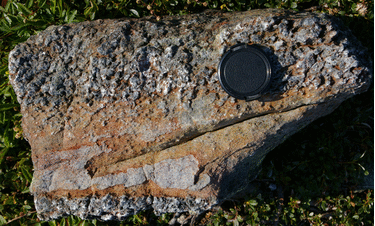 animated GIF annotating a photograph of apparent reverse graded bedding in a Devonian turbidite from Mount Washington, New Hampshire. The base of the sample has coarse andalusite schist that transitions suddenly about 2 cm into the sample to orangey-white metasandstone (quartzite). This occupies about half the sample's thickness. Going up though the sample, the sandstone starts to show some small chunks of andalusite, which get larger and more pervasive up toward the top. The upper 7 cm of the sample look identical to the rock that makes up the bottom edge. A lens cap (52 mm diameter) provides a sense of scale.