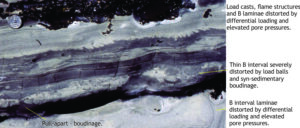 Flame structures squeezed between load casts at the base of a turbidite bed