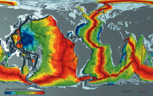 Map showing the age of the oceanic crust on Earth. It is youngest at the oceanic ridge system, and gets older as you move away from the ridges. The area covered by young crust is twice as wide at the East Pacific Rise as the Mid-Atlantic Ridge, suggesting the rate of seafloor spreading there is twice as rapid.