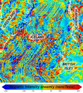 Map showing linear magnetic anomalies in the north Atlantic Ocean making a mirror image pattern around Iceland, parallel to the mid-Atlantic Ridge.