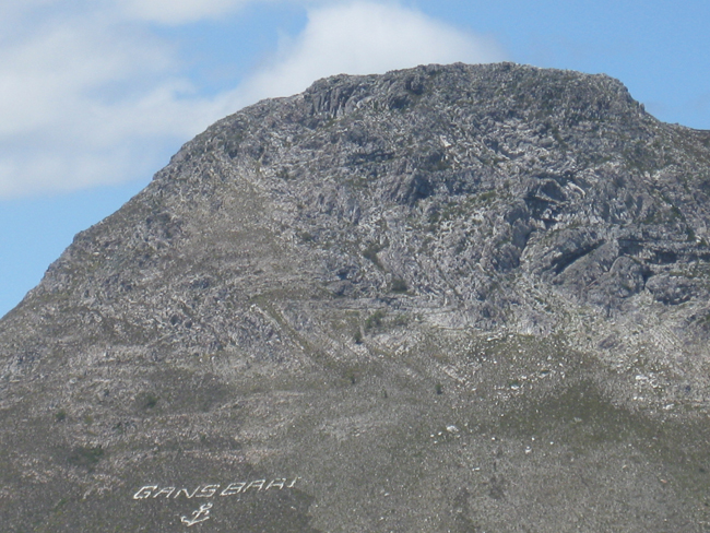 Photograph showing the trace of bedding in crumpled up quartzites on the side of a mountain in south Africa. There is a blue sky beyond.