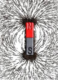 Photograph of a bar magnet surrounded by iron filings that trace out the magnetic field lines.
