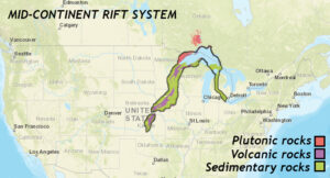 Map of central North America, showing the extent of the mid-continent rift system, and distribution of three major rock types: plutonic rocks (mainly in Ontario north of Lake Superior), sedimentary (present in a vast belt that starts in Kansas and Nebraska, extends northeast across Iowa, traverses Minnesota and western Wisconsin, wraps east under Lake Superior, and then extends southeast through central Michigan, ending just west of Detroit), and finally volcanic, which makes a belt in the middle of the sedimentary belt, in the larger western part of the system. 
