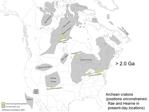 Animated GIF showing the Archean and Proterozoic evolution of North America. 19 frames show various cratons/terranes docking with the ever-growing continent, which also undergoes a couple of rifting episodes.