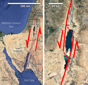 Two maps showing the left-lateral transform fault on the east side of the Sinai Peninsula. Left steps in this left-lateral transform fault result in wrench basins that opened up the Gulf of Aqaba, the Dead Sea, and the Sea of Galilee.