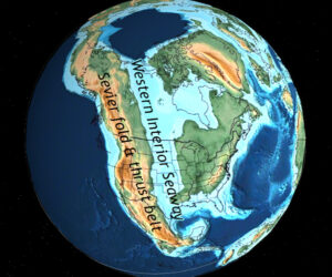Globe-like map of North America as it looked during the Cretaceous. A vast range of mountains runs from Alaska down through Mexico. Paralleling it to the east is a vast shallow sea: the Western Interior Seaway.