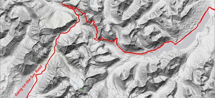 Topographic map of central Glacier National Park, where Going-to-the-Sun Road crosses Logan Pass.