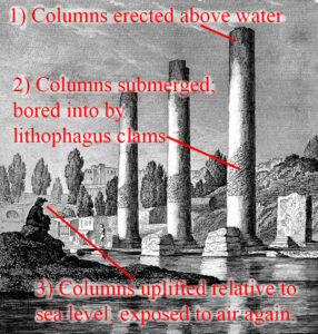 Reproduction of a lithograph of three columns from the Temple of Serapis in Egypt. The three columns each show a band of pitting between a quarter of the way up and halfway up. Three annotations are overlaid on the image: (1) Columns erected above water, (2) Columns submerged; bored into by lithophagus clams, and (3) Columns uplifted relative to sea level; exposed to air again.