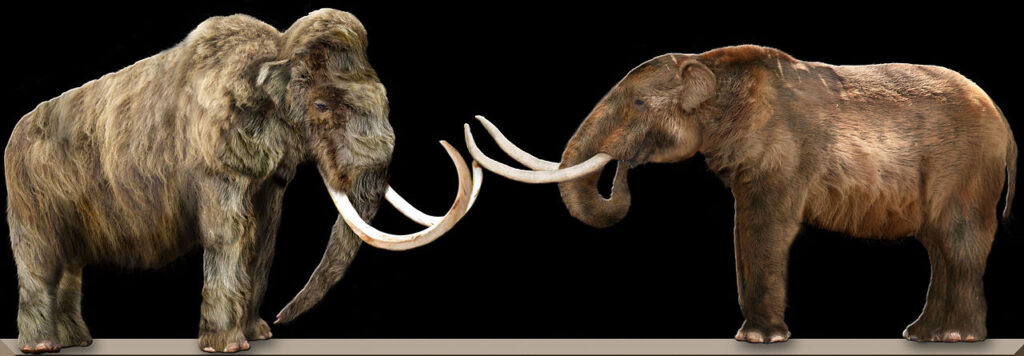 A mammoth and a mastodon, both hairy elephant-shaped creatures, face one another.