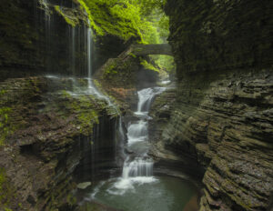 Photograph of a waterfall cutting through horizontal layers of black shale. A bridge spans the gorge above the waterfall. There is a lot of vegetation way up high, but a bare plunge pool below the falls.