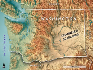 Map showing the position of the Channeled Scablands in east-central Washington state, near the border with Idaho.