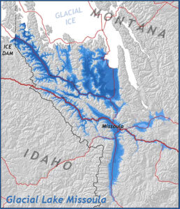 Map showing the central part of the Montana / Idaho border region. A large lake is shown filling the valleys from Missoula to the north, where the lakewater butts up against glacial ice. The location of the ice dam is indicated in the northwestern corner of the map.