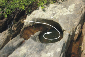 Annotated photograph showing a pothole incised into hard bedrock, with a swirly-shaped arrow showing the interpreted flow of water that formed it. There are some plants in the background. The pothole is about a foot in diameter and full of water.