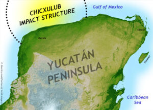 Map showing the location of the Chicxulub Impact Structure, partially overlapping the northwest portion of the Yucatan Peninsula of Mexico. A series of sinkholes and scarps on the land show the trace of the crater's ring-like structure.
