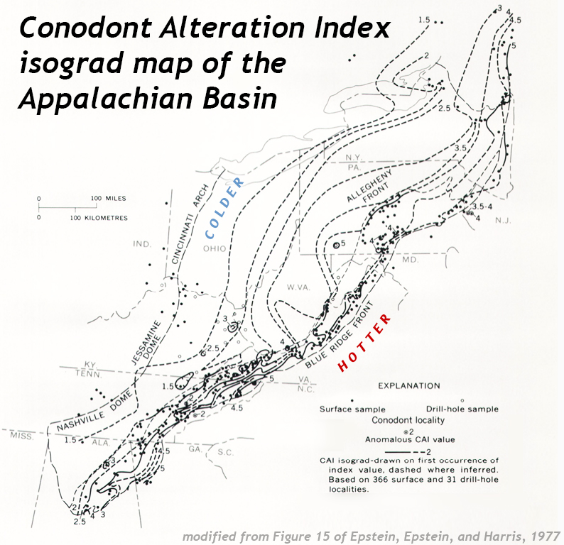 A map of the Appalachian Plateau and Valley & Ridge provinces, showing conodont alteration colors. Darker colors indicating warmer temperatures are found to the southeast, while lighter colors indicating cooler temperatures are found to the northwest.