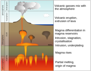 Shows large pools of magma rising from the source in the mantle, up into the crust under a volcano. 