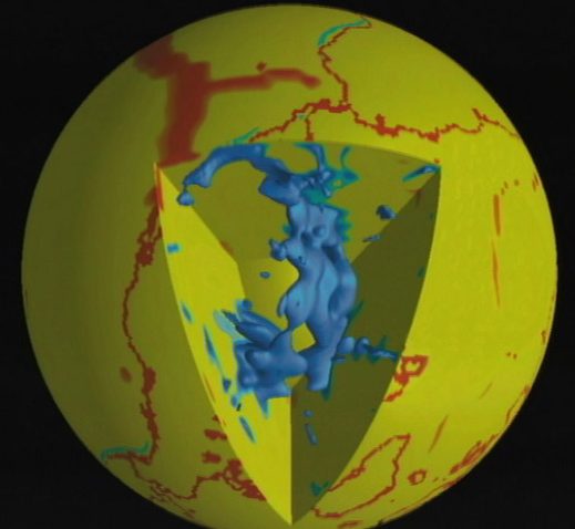 Tomographic image of the Farallon plate in the mantle below North America.