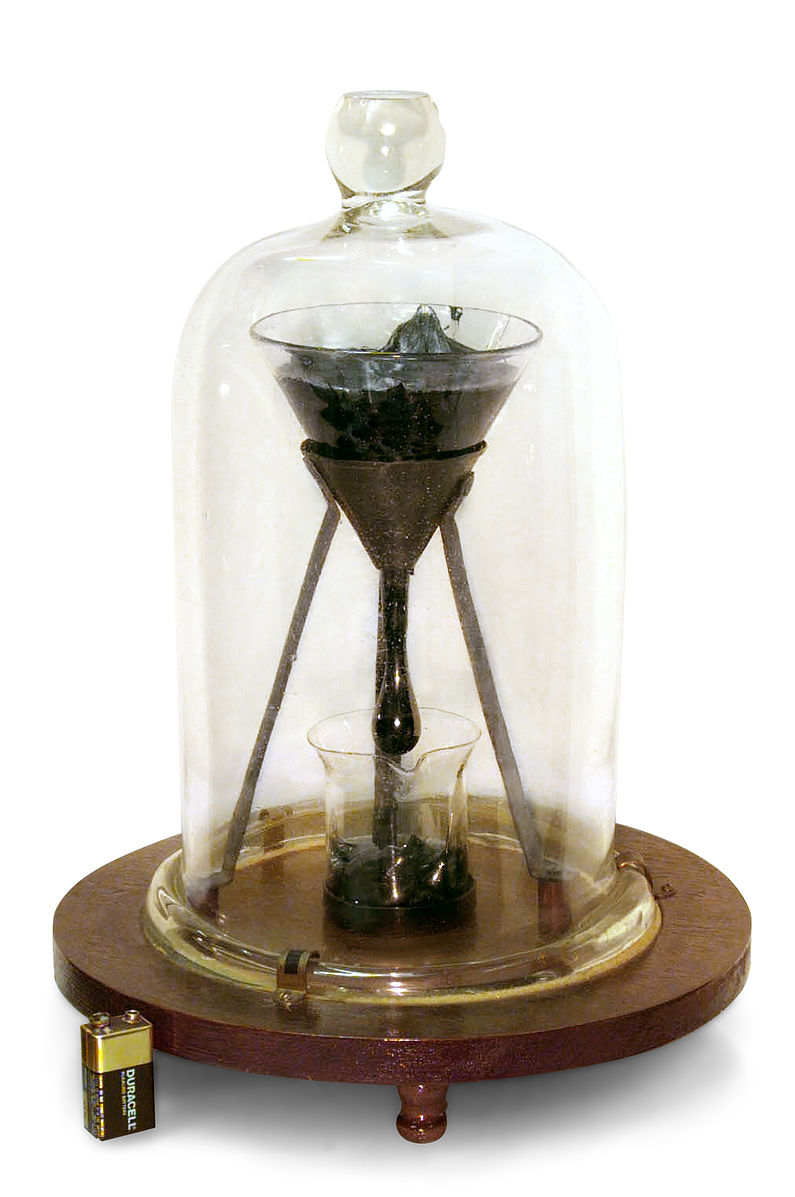 Experimental setup shows a funnel with a viscous, black substance falling into a beaker, all covered by a glass.