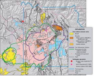 The map shows locations of calderas and rocks within Yellowstone