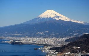 Mt. Fuji in Japan, a typical stratovolcano, symmetrical, increasing slope, visible crater at the top.